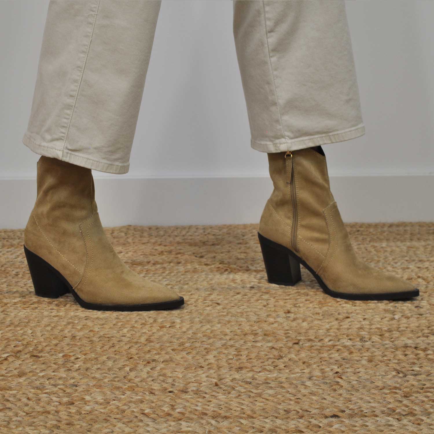 Beige square heel ankle boots
