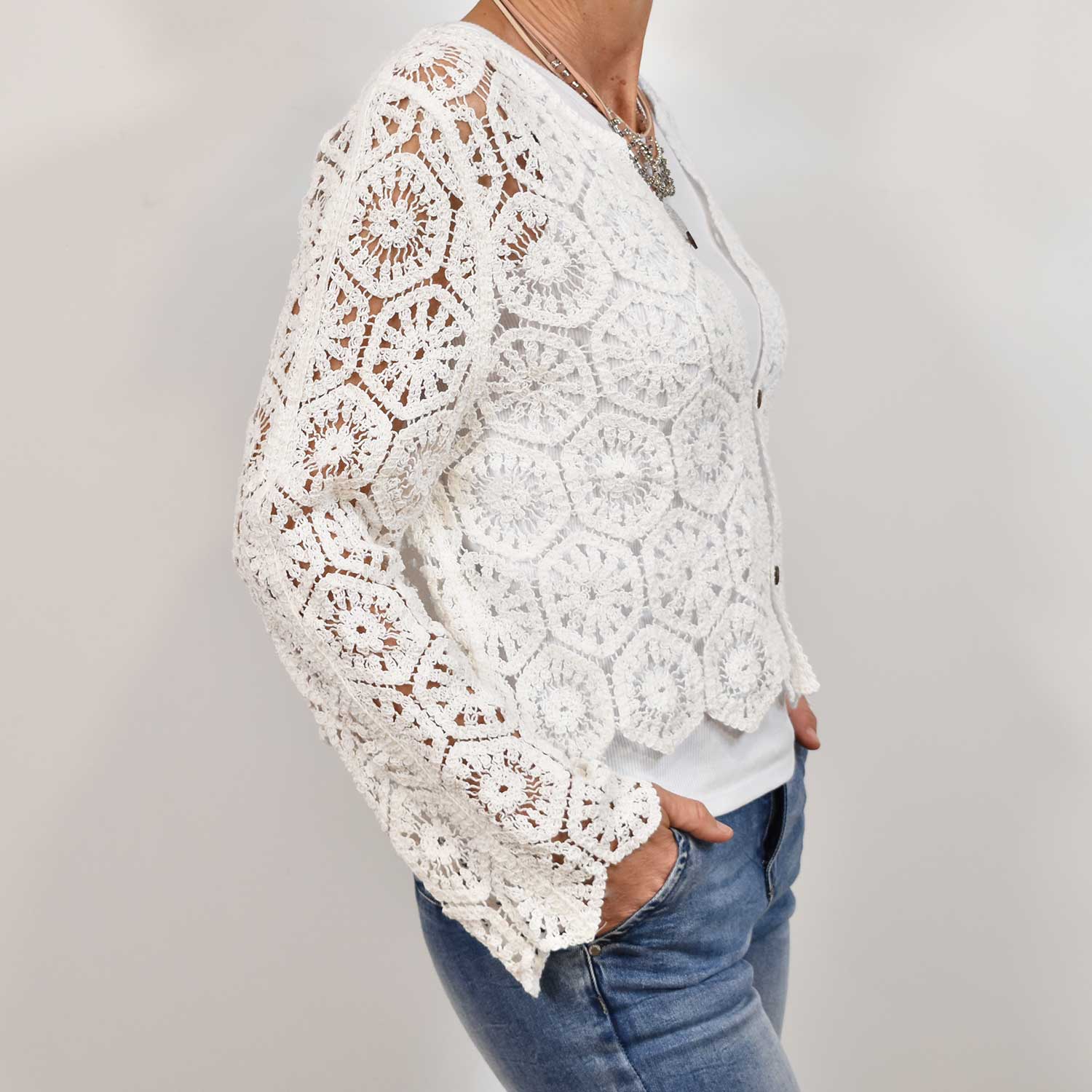 White buttons crochet jacket