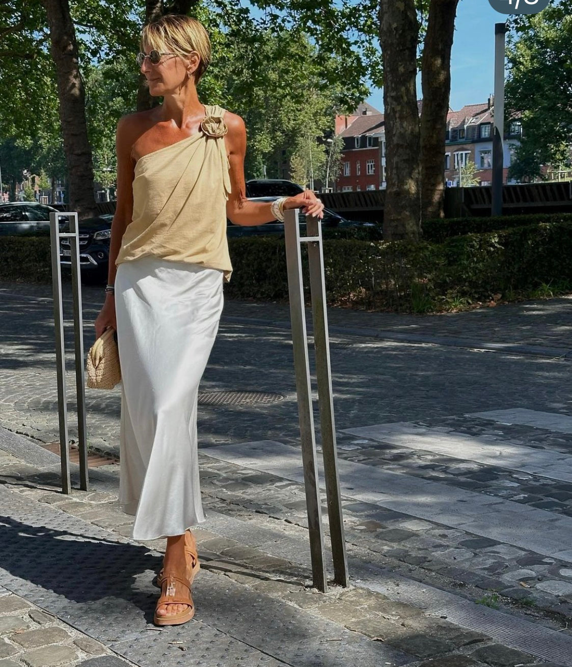 Beige satin midi skirt