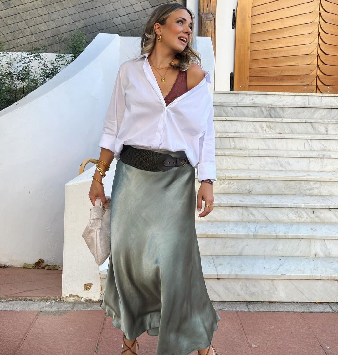 Kaki satin midi skirt