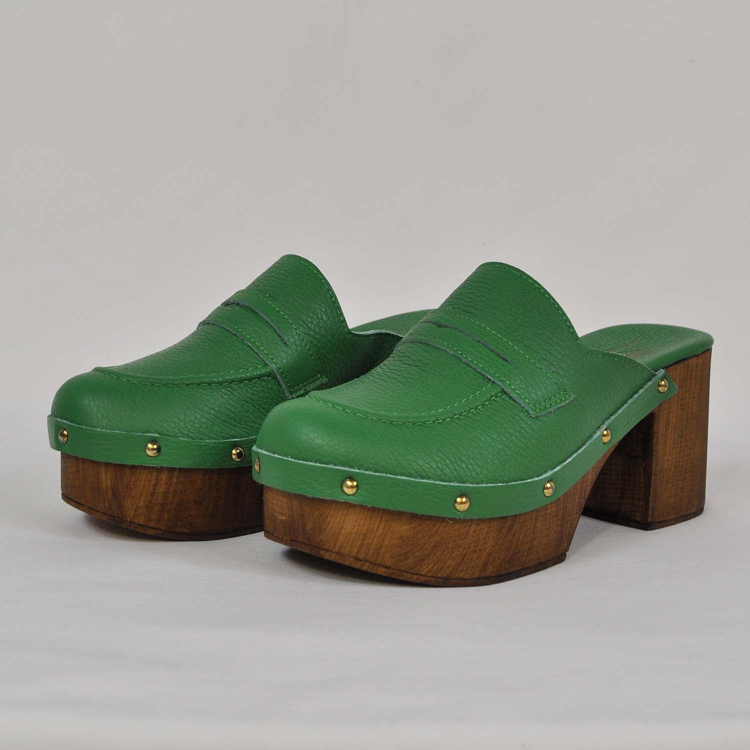 Green leather loafers clogs