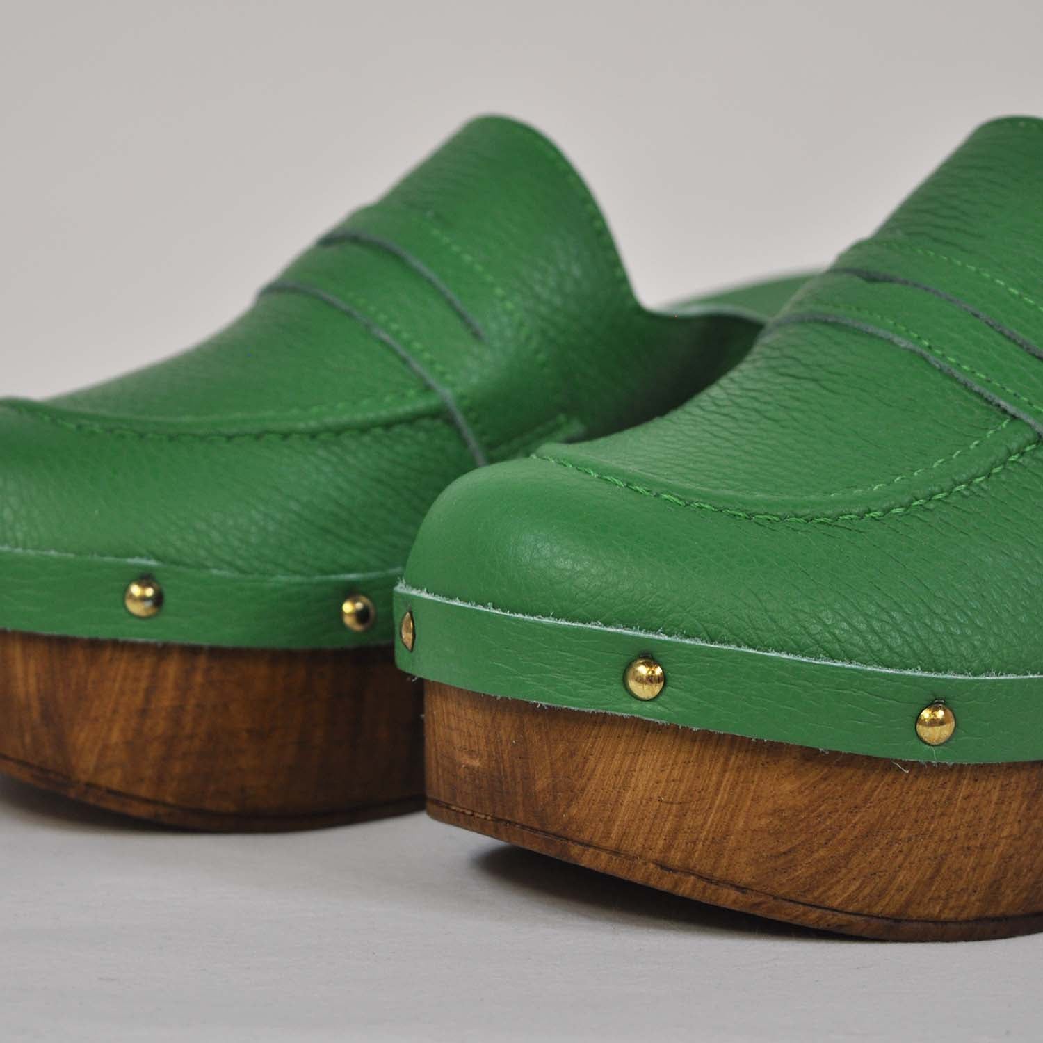 Green leather loafers clogs