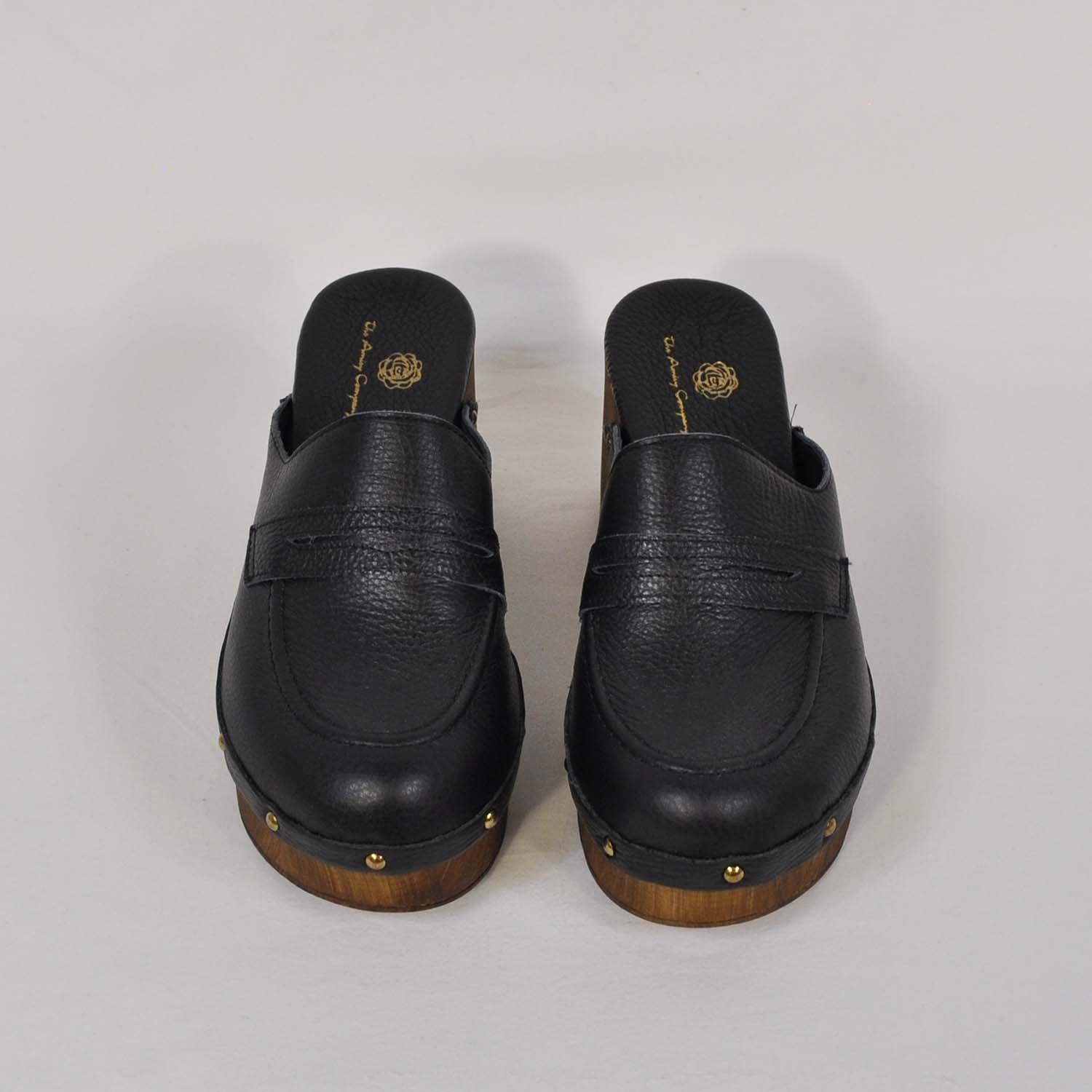 Black leather loafers clogs