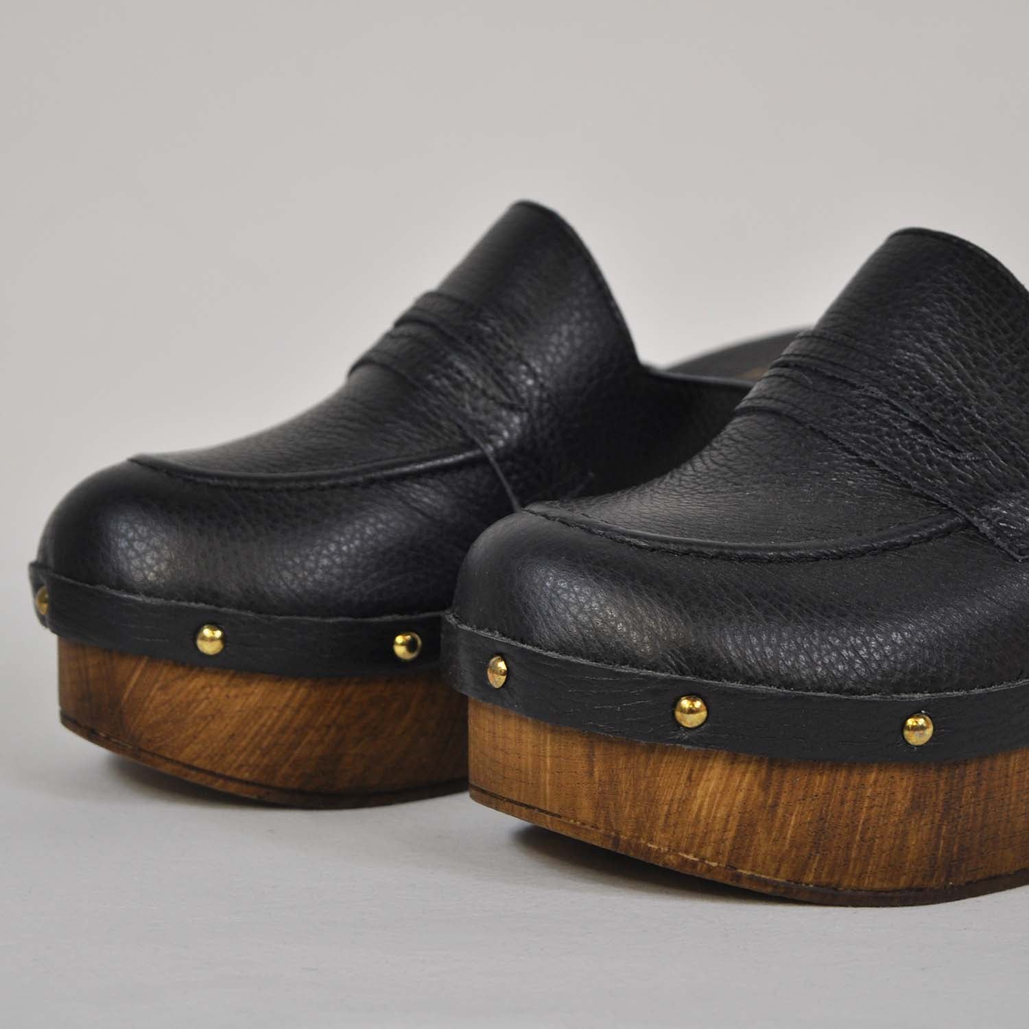 Black leather loafers clogs