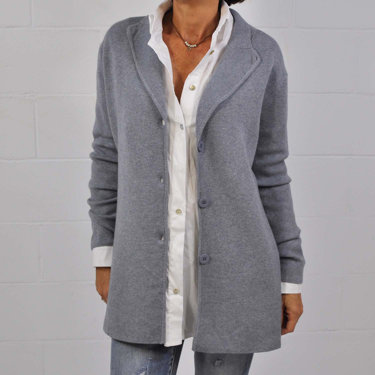 Gray long knitted blazer