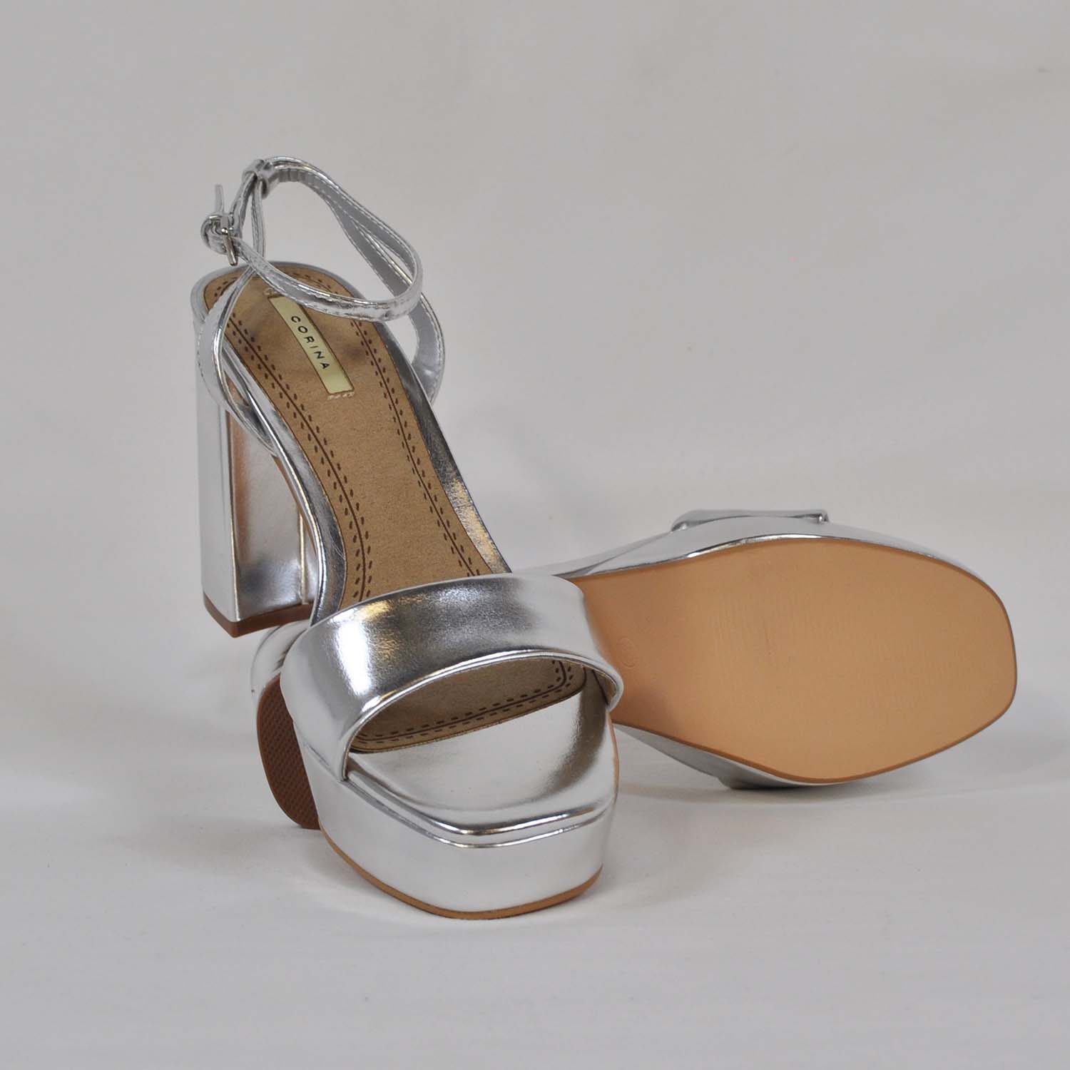 Silver square heel sandal